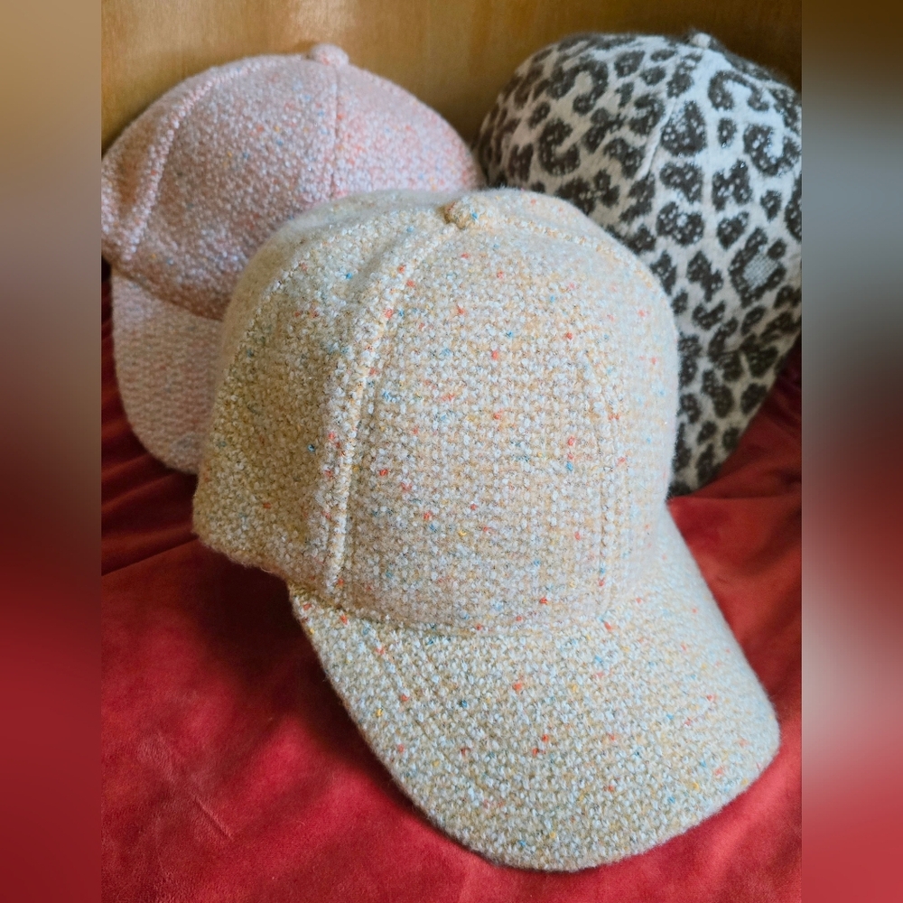 (3) Chic Tweed Winter Baseball Caps Yellow, Pink & Leopard by Lulla Collection - Picture 1 of 15